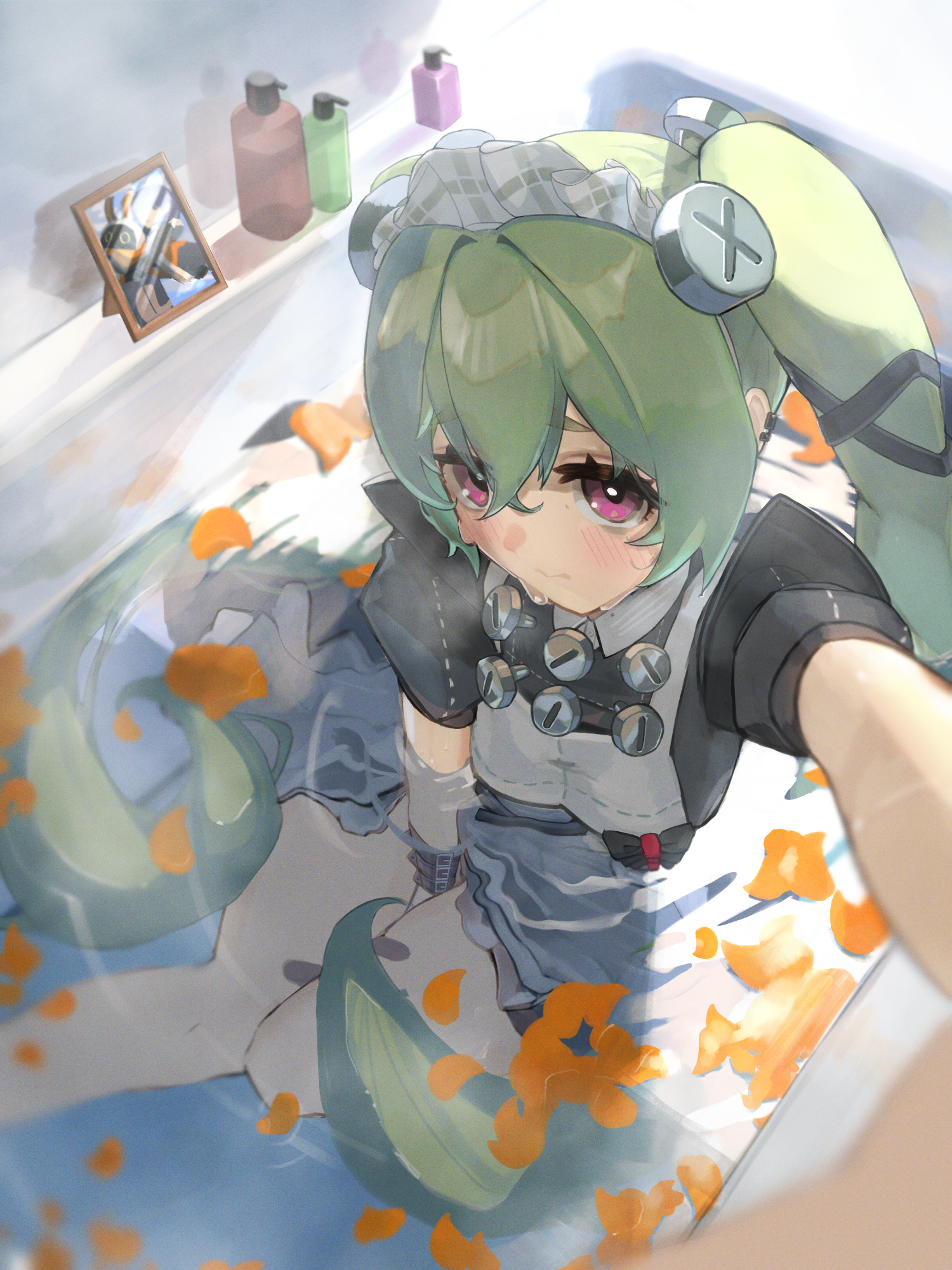 1girl apron bags_under_eyes bathtub black_dress breasts commentary_request corin_wickes dress green_hair hair_between_eyes highres kanana_no_e long_hair looking_at_viewer maid maid_apron maid_headdress partially_submerged photo_(object) picture_frame puffy_short_sleeves puffy_sleeves purple_eyes screw_hair_ornament shampoo_bottle short_sleeves solo twintails white_apron zenless_zone_zero