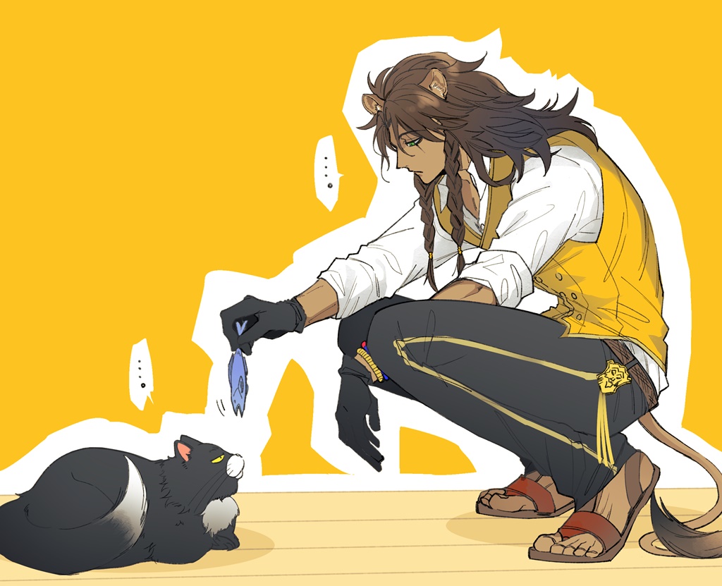 1boy animal animal_ears black_gloves braid brown_hair cat dark-skinned_male dark_skin feeding fish full_body gloves green_eyes holding leona_kingscholar lion_boy lion_ears lion_tail long_hair looking_at_another lucius_(twisted_wonderland) male_focus night_raven_college_uniform sandals scar scar_across_eye scar_on_face school_uniform shinozaki_kyouko simple_background solo squatting tail twin_braids twisted_wonderland vest yellow_background yellow_vest