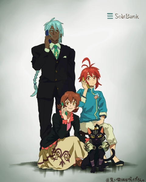 1girl 2boys ahoge annie_barrs armor blue_eyes blue_hair braid breasts brown_eyes brown_hair cat coat dark_skin dress eugene_gallardo flower formal_clothes long_hair mao_(tales) multiple_boys necktie pants red_eyes red_hair shoes short_hair shorts smile suit tales_of_(series) tales_of_rebirth veigue_lungberg