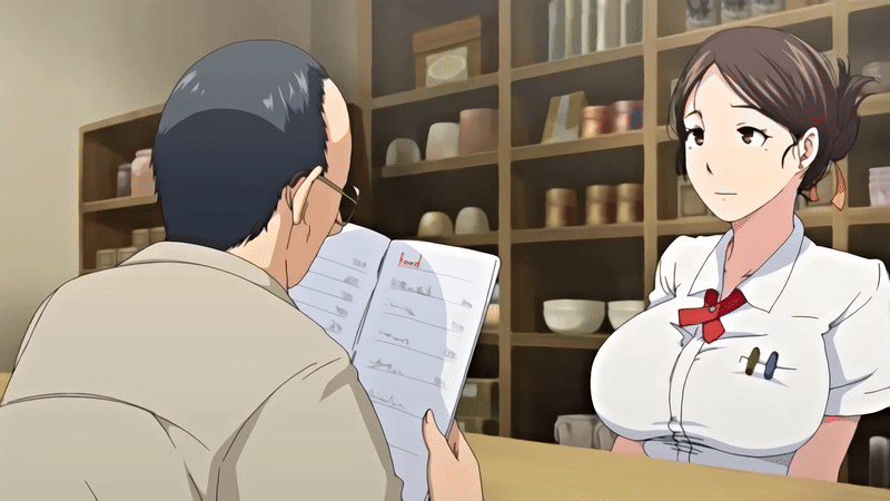 10s 1boy 1girl 2019 animated animated_gif blush bow bowtie breasts brown_eyes brown_hair collared_shirt earrings glasses hair_ribbon housewife indoors jewelry large_breasts mature_female mole mole_under_eye okusan_(yue_ni_hitozuma_wa_netorareta) old old_man queen_bee_(animation_studio) reading restaurant ribbon shirt standing tagme waitress waitress_uniform white_shirt yue_ni_hitozuma_wa_netorareta