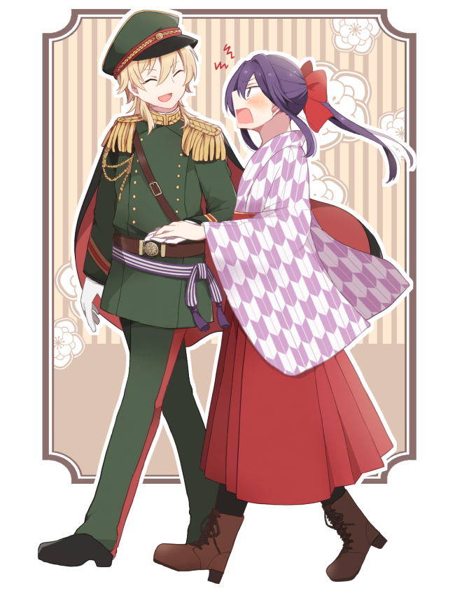 2boys :d androgynous angry belt black_footwear blush boots border bow brown_belt brown_border brown_footwear buttons cape cherry_blossoms closed_eyes commentary double-breasted english_commentary ensemble_stars! epaulettes floating_cape floating_hair from_side full_body furisode glaring gloves gold_buttons green_hat green_jacket green_pants hair_between_eyes hair_bow hair_intakes hakama hakaze_kaoru hat high_collar holding_hands inset_border jacket japanese_clothes kanonseinaa kanzaki_souma kimono lace-up_boots long_sleeves looking_at_another male_focus military_hat military_uniform multiple_boys open_mouth ornate_border outline pants peaked_cap ponytail rectangular_mouth red_bow red_hakama shoulder_belt smile striped_background taishou v-shaped_eyebrows walking white_gloves white_outline wolf_cut yagasuri yaoi