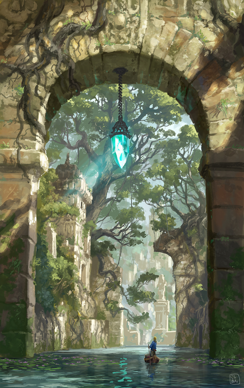 1boy boat commentary crystal fantasy highres kosian lily_pad original overgrown ruins scenery solo tree water watercraft