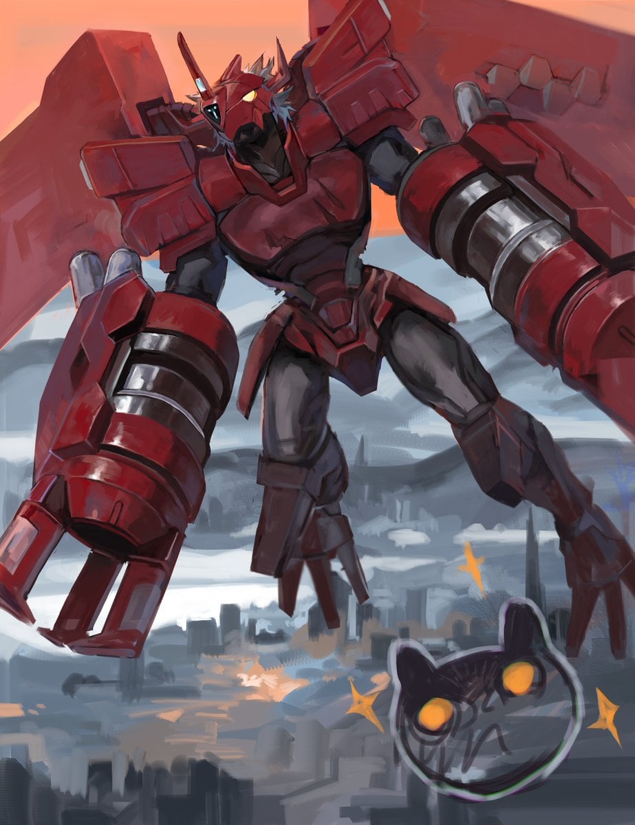 arm_cannon armor blitzgreymon blurry blurry_background botamon commentary cyborg digimon digimon_(creature) dragon highres horns level-00 mechanical_wings red_armor short_hair sparkle symbol-only_commentary vernier_thrusters weapon white_hair wings