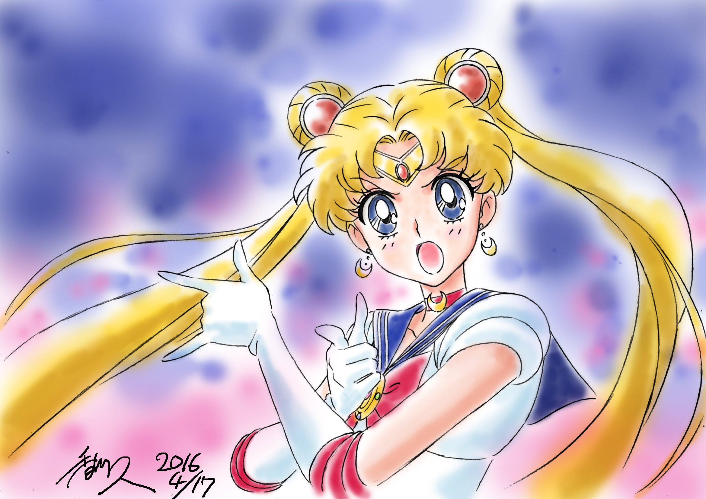 1girl 2016 angry bishoujo_senshi_sailor_moon blonde_hair blue_eyes blush bow choker circlet dated double_bun earrings elbow_gloves female_focus gloves hair_bun highres jewelry kagawa_hisashi long_hair looking_at_viewer magical_girl open_mouth parted_bangs red_bow sailor_moon school_uniform serafuku signature solo tiara tsuki_ni_kawatte_oshioki_yo tsukino_usagi twintails upper_body very_long_hair