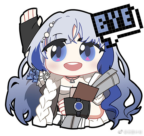1girl artist_request black_gloves blue_hair check_artist chibi chibi_only chinese_commentary english_text fingerless_gloves girls&#039;_frontline girls&#039;_frontline_neural_cloud gloves grey_hair hubble_(neural_cloud) lowres madcore official_art open_mouth second-party_source solo speech_bubble teeth upper_teeth_only watermark waving weibo_username weibo_watermark