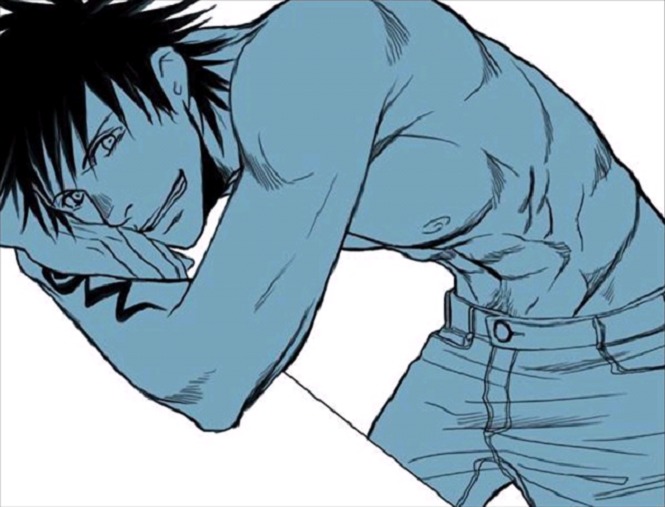 00s 1boy abs artist_request black_hair bleach clenched_teeth grin male_focus monochrome shiba_kaien simple_background smile solo tattoo teeth topless_male
