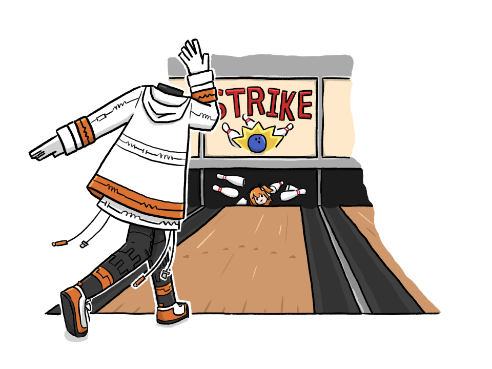 1girl a.i._voice adachi_rei arm_up black_leggings bowling bowling_alley bowling_pin cable commentary_request disembodied_head english_text faux_figurine from_behind full_body gloves hood hood_down hooded_jacket jacket leggings long_sleeves one_side_up orange_hair outline sano_(chappy) shoes sneakers solid_oval_eyes solo standing throwing utau white_gloves white_jacket white_outline