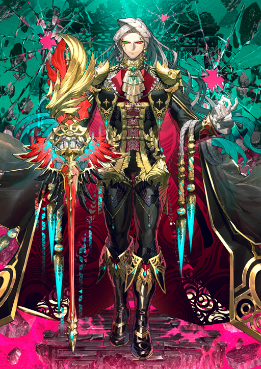 1boy alessandro_di_cagliostro_(fate) ascot black_cape black_pants boots braid buttons cape closed_mouth cracked_background cracked_skin facial_hair fate/grand_order fate_(series) floating_hair frilled_sleeves frills full_body game_cg gloves goatee green_background green_eyes hand_up heterochromia high_collar lapels long_hair long_sleeves looking_at_viewer male_focus official_art pants red_cape red_eyes routo solo standing straight-on sword third-party_source toned toned_male two-sided_cape two-sided_fabric variant_set very_long_hair weapon white_ascot white_gloves white_hair