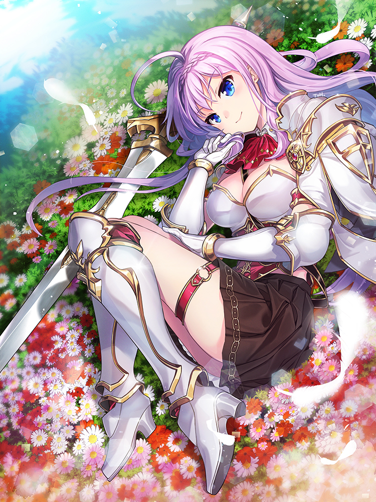 1girl ahoge armor ashley_arvasti blue_eyes breasts field flower flower_field greaves hand_guard iris_mysteria! long_hair lying medium_breasts miniskirt purple_hair skirt sword toh. weapon