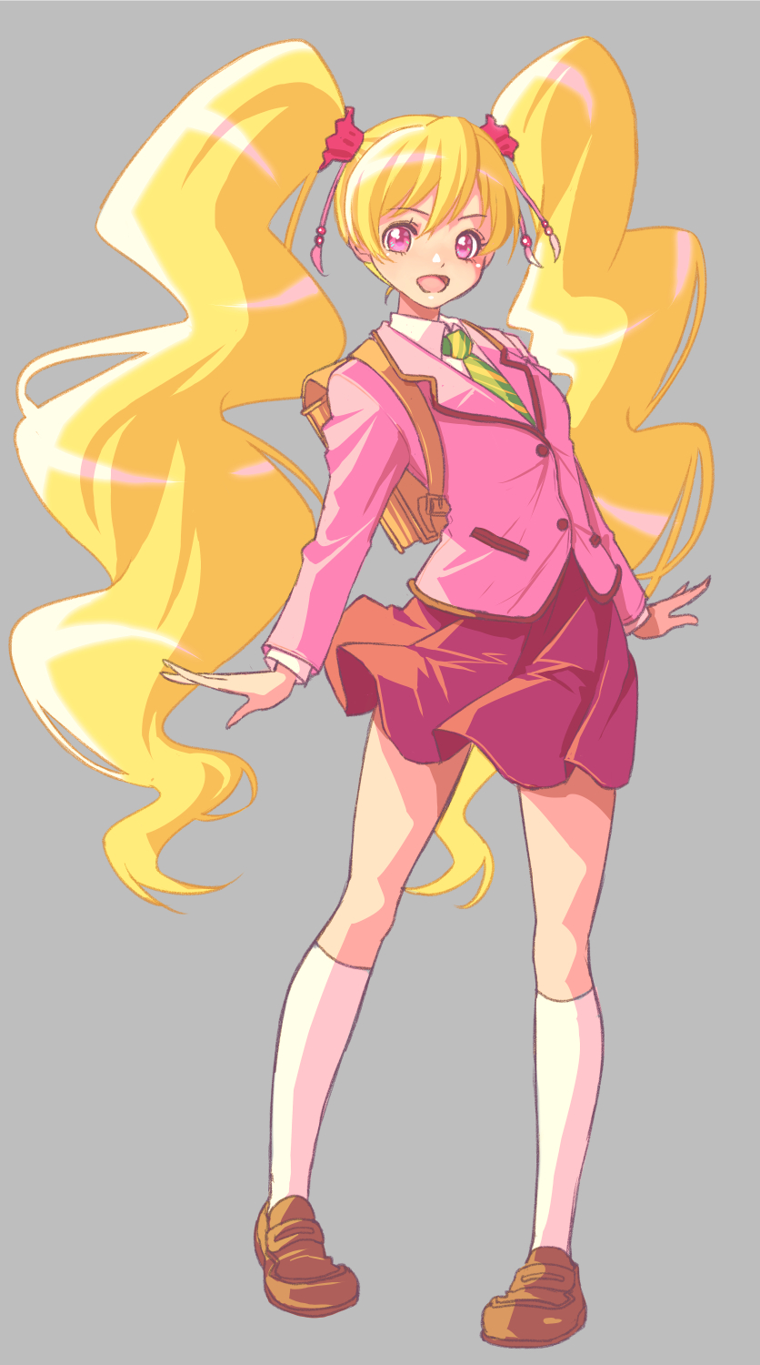 1girl :d blonde_hair commentary_request cosplay cure_peach eyelashes fresh_precure! grey_background hair_ornament happy highres jj_(ssspulse) long_hair looking_at_viewer magical_girl momozono_love momozono_love_(cosplay) open_mouth pink_eyes precure school_uniform self_cosplay shoes simple_background skirt smile socks solo standing twintails