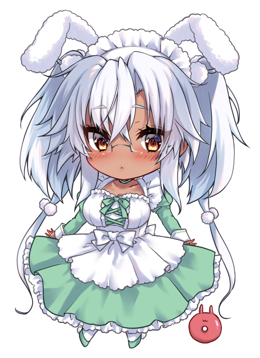 1girl abyssal_ship alternate_costume animal_ears breasts brown_eyes chibi dark-skinned_female dark_skin dress enemy_lifebuoy_(kancolle) fake_animal_ears frilled_dress frills glasses green_dress grey-framed_eyewear grey_hair hair_between_eyes juliet_sleeves kantai_collection large_breasts long_hair long_sleeves looking_at_viewer maid_headdress mashiro_yukiya musashi_(kancolle) musashi_kai_ni_(kancolle) puffy_sleeves rabbit_ears rectangular_eyewear solo twintails very_long_hair