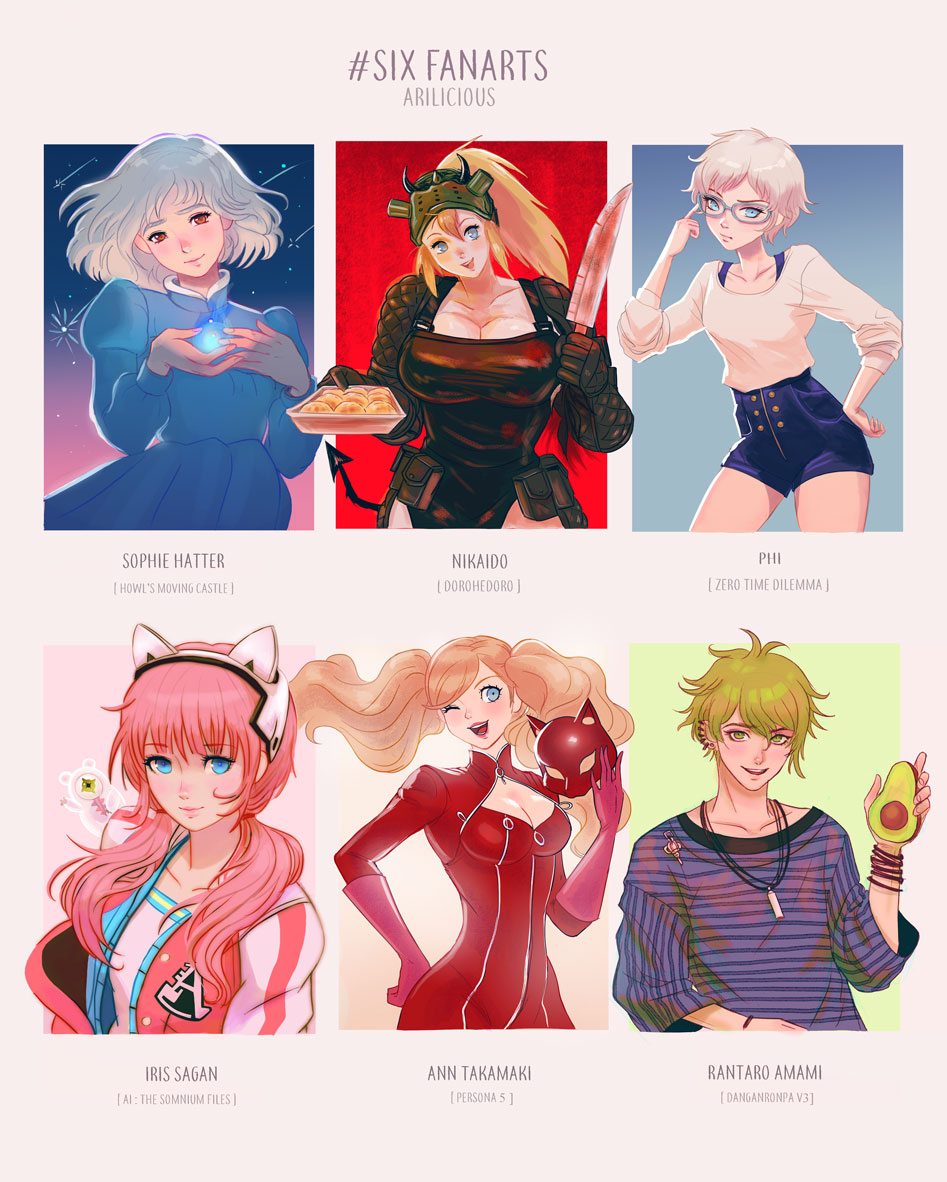 1boy ai_the_somnium_files amami_rantaro animal_ears avocado blonde_hair blue_dress blue_eyes bodysuit breasts cat_ears cleavage collarbone danganronpa_(series) danganronpa_v3:_killing_harmony dorohedoro dress ear_piercing fake_animal_ears glasses green_hair hand_up headphones holding howl&#039;s_moving_castle_(novel) howl_no_ugoku_shiro jewelry juliet_sleeves kyokugen_dasshutsu large_breasts long_hair long_sleeves looking_at_viewer low_twintails mask medium_breasts missarilicious multiple_drawing_challenge multiple_girls necklace nikaidou_(dorohedoro) persona persona_5 phi_(kyokugen_dasshutsu) piercing pink_hair puffy_sleeves red_bodysuit sagan_iris shirt short_hair six_fanarts_challenge sophie_hatter striped_clothes striped_shirt takamaki_anne three-quarter_sleeves twintails white_background zero_escape:_toki_no_jirenma