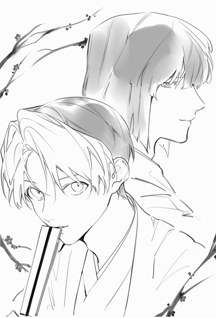 2boys bob_cut fan_to_mouth greyscale hair_between_eyes highres hikaru_no_go japanese_clothes kiya looking_at_viewer looking_back male_focus monochrome multicolored_hair multiple_boys parted_bangs parted_lips shindou_hikaru short_hair touya_akira two-tone_hair upper_body white_background