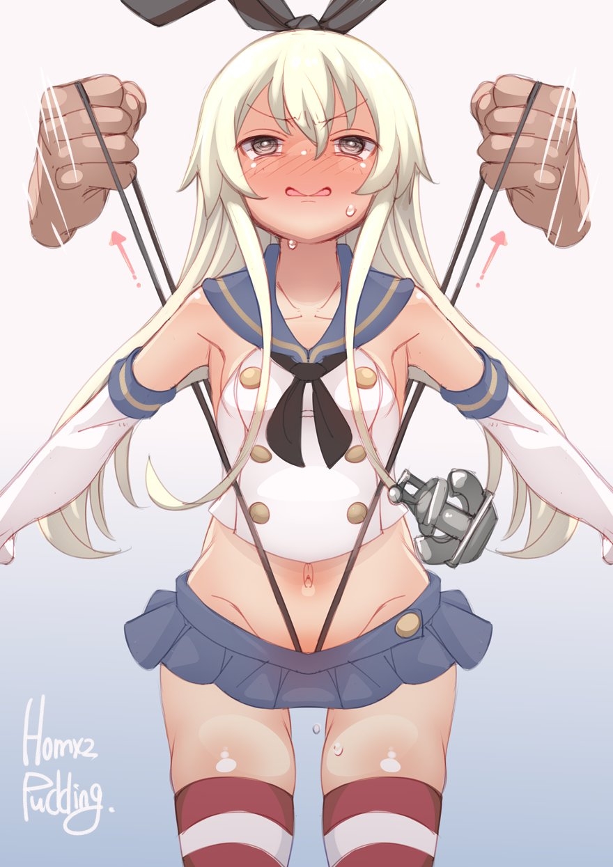 1girl anchor_hair_ornament arrow_(symbol) black_neckerchief black_panties blonde_hair blue_skirt disembodied_hand elbow_gloves frontal_wedgie giving_wedgie gloves grey_eyes hair_between_eyes hair_ornament hairband highleg highleg_panties highres horizontal-striped_thighhighs kantai_collection microskirt navel neckerchief panties panty_lift pleated_skirt puddinghomhom sailor_collar shimakaze_(kancolle) skirt solo_focus striped_clothes striped_thighhighs thighhighs thong underwear wedgie white_gloves
