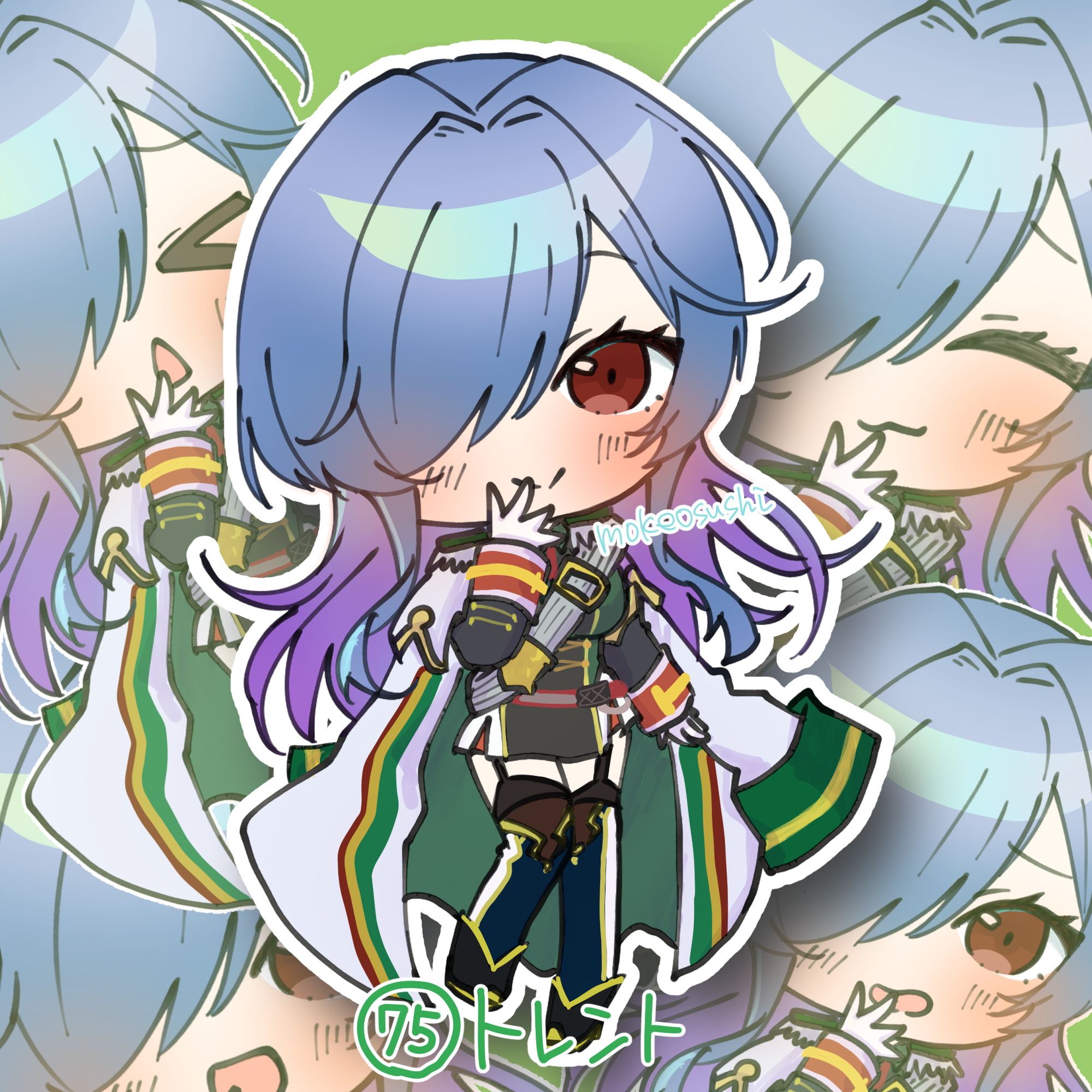 >_< 1girl :> :3 :d artist_name azur_lane blue_hair blush chibi chibi_only closed_eyes gradient_hair green_background hair_over_one_eye highres long_hair long_sleeves looking_at_viewer military_uniform mokeosushi multicolored_hair open_mouth outline purple_hair red_eyes simple_background smile solo trento_(azur_lane) triangle_mouth white_outline