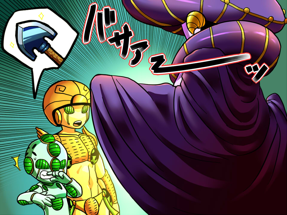 3boys arrow_(jojo) arrow_(projectile) black_sabbath_(stand) cape echoes_(stand) echoes_act3 exhibitionism gold_experience hat jojo_no_kimyou_na_bouken kamiura male_focus multiple_boys no_humans phallic_symbol public_indecency sexually_suggestive stand_(jojo) undressing vento_aureo