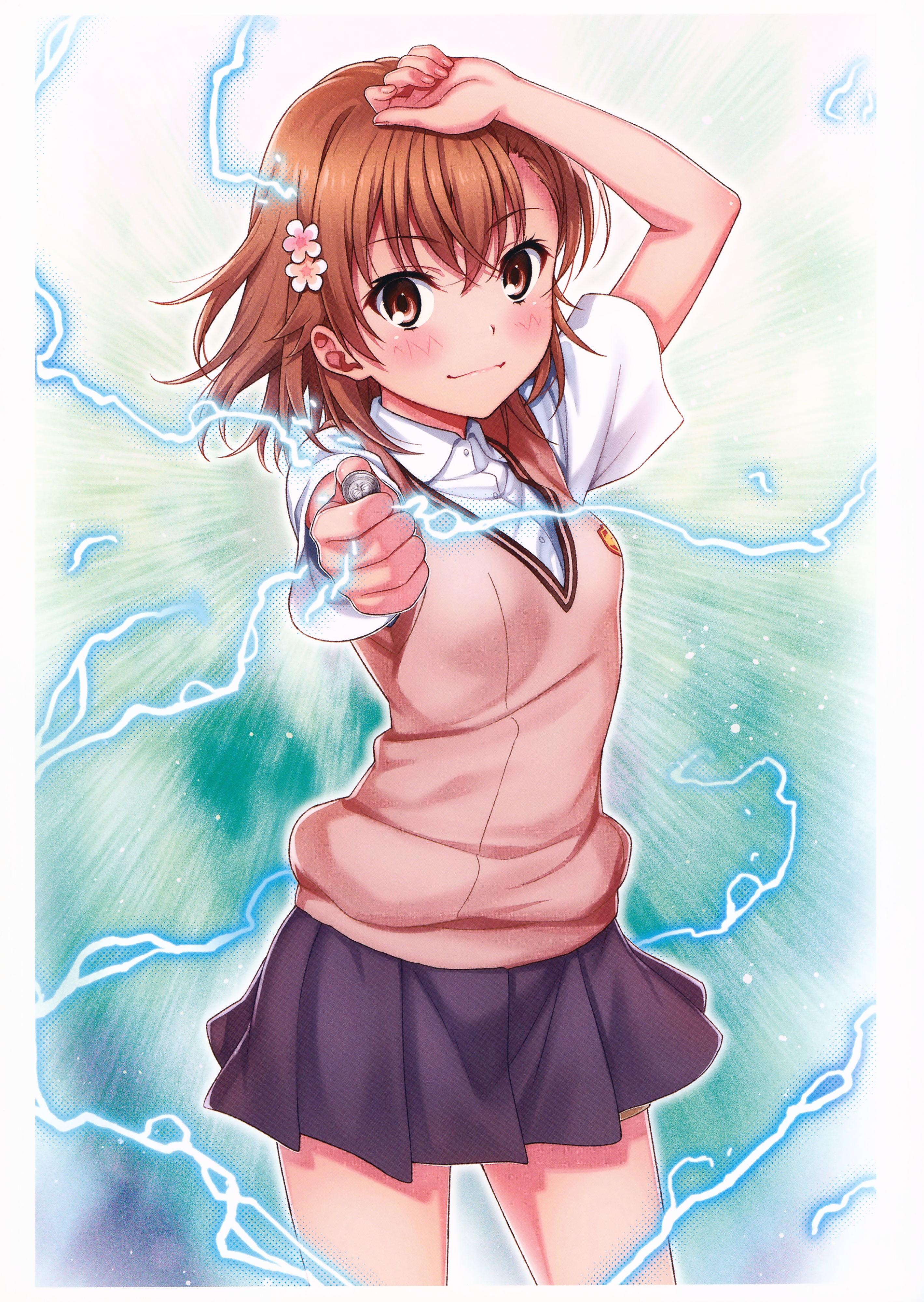 1girl absurdres aiming aiming_at_viewer arm_up blush breasts brown_eyes brown_hair brown_sweater_vest closed_mouth coin cowboy_shot electricity electrokinesis emblem fingernails grey_skirt hair_ornament highres holding holding_coin incoming_attack isshi_pyuma lightning lips looking_at_viewer medium_hair misaka_mikoto pleated_skirt railgun_(misaka_mikoto) school_emblem school_uniform shirt short_sleeves skirt small_breasts solo summer_uniform sweater_vest toaru_kagaku_no_railgun toaru_majutsu_no_index tokiwadai_school_uniform vest white_shirt