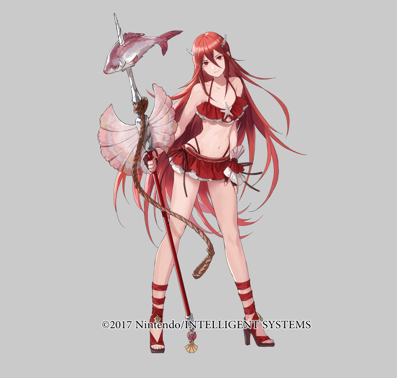 1girl bare_shoulders bikini bikini_skirt closed_mouth collarbone copyright_notice cordelia_(fire_emblem) cordelia_(knight_paradise)_(fire_emblem) duplicate fingerless_gloves fingernails fire_emblem fire_emblem_awakening fire_emblem_heroes fish full_body gloves grey_background hair_ornament halterneck head_tilt high_heel_sandals high_heels holding holding_weapon long_hair looking_at_viewer mayo_(becky2006) navel nintendo official_art polearm red_eyes red_hair rope sandals sidelocks smile solo spear standing starfish swimsuit very_long_hair weapon