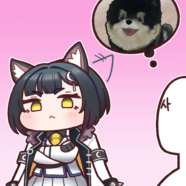 1boy 1girl :&lt; animal_ears black_hair bulga chibi commander_(last_origin) crossed_arms dog dog_ears dog_girl hair_ornament jacket last_origin necktie open_clothes open_jacket school_uniform short_hair simple_background speech_bubble thought_bubble vargr_(last_origin) yellow_eyes