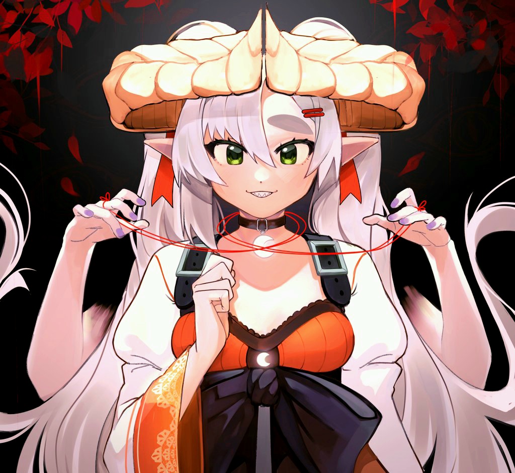 1other asymmetrical_bangs breasts choker crescent disembodied_hand dragon_girl dragon_horns fingernails green_eyes hair_ornament hairclip horns kumaartsu long_hair mythic_live nail_polish nako_ryu pointy_ears portrait purple_nails sharp_teeth small_breasts solo_focus string string_of_fate teeth thick_eyebrows very_long_hair virtual_youtuber white_hair wide_sleeves