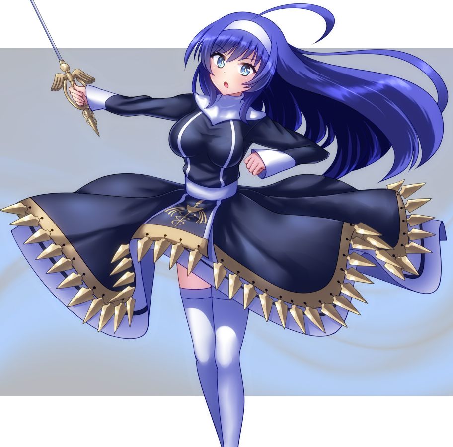 1girl ahoge black_dress blue_eyes blue_hair breasts dress grey_background holding holding_sword holding_weapon kasabou large_breasts long_hair orie_ballardiae_harada rapier solo sword thighhighs under_night_in-birth weapon white_thighhighs