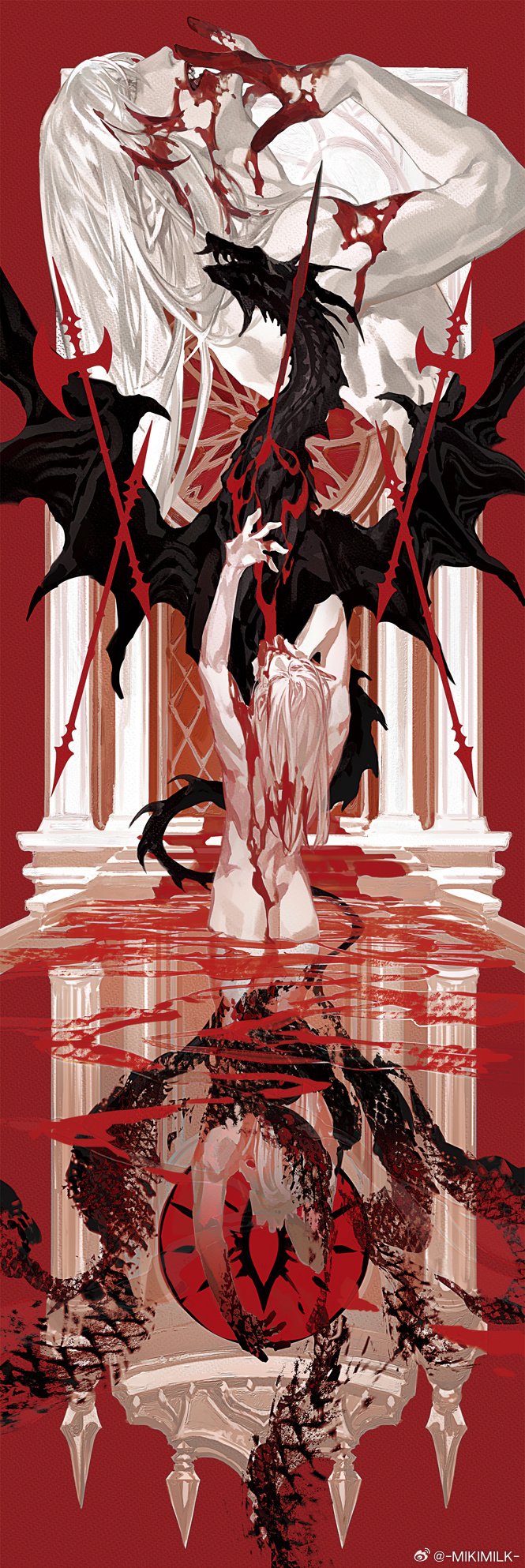 2boys blood blood_in_mouth blood_in_water blood_on_arm blood_on_back blood_on_face blood_on_hands completely_nude different_reflection dragon elezen elf estinien_varlineau final_fantasy final_fantasy_xiv grey_eyes halberd hangleing highres lofter_username long_hair male_focus multiple_boys multiple_views nidhogg_(ff14) nude partially_submerged pointy_ears polearm red_background reflection reflective_water watermark weapon weibo_watermark white_hair