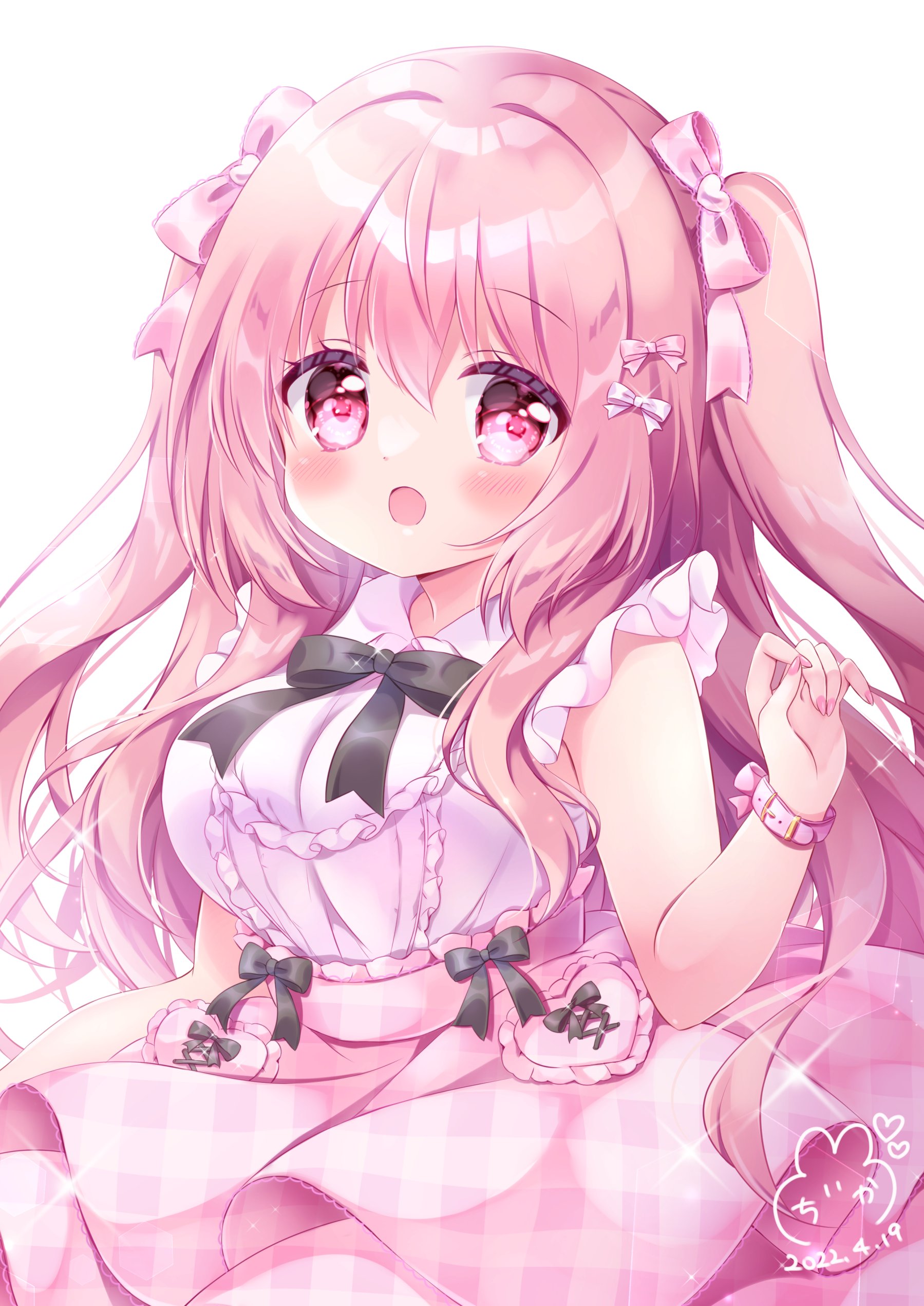 1girl absurdres black_ribbon breasts chiika_(cure_cherish) dress dress_shirt frilled_dress frilled_shirt frilled_sleeves frills hair_between_eyes hair_ornament hair_ribbon hairpin highres large_breasts looking_at_viewer original pink_dress pink_shirt pink_skirt ribbon shirt short_sleeves simple_background skirt smile tia_(chiika_cure_cherish) twintails white_background