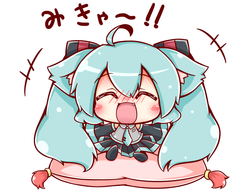 1girl ahoge animal_ears blush cat_ears chibi cushion closed_eyes green_hair hatsune_miku long_hair open_mouth outstretched_arms ritateo sitting smile spread_arms twintails vocaloid