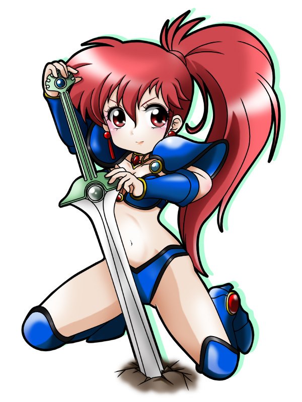 1girl armor armored_boots asagiri_youko bikini bikini_armor blue_bikini blue_boots boots chibi choker closed_mouth earrings full_body genmu_senki_leda holding holding_sword holding_weapon jewelry knee_boots kneeling navel pauldrons ponytail red_eyes red_hair shoulder_armor shoulder_pads smile solo spread_legs stomach swimsuit sword vambraces weapon yuunaduse