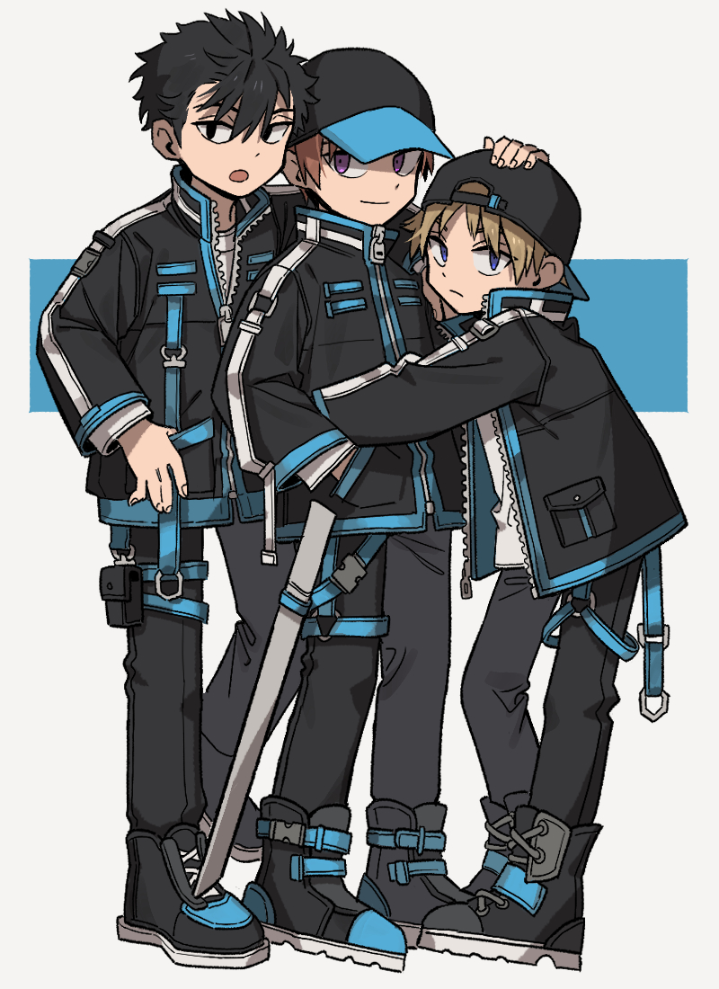 3boys :o ankle_boots arafune_tetsuji backwards_hat baseball_cap black_eyes black_footwear black_hair black_jacket black_pants blonde_hair blue_eyes blue_theme boots brown_hair closed_mouth frown full_body hand_on_another&#039;s_head hanzaki_yoshito hat headpat hokari_atsushi hug jacket lace-up_boots long_sleeves looking_at_viewer male_focus multiple_boys nana_0253 open_clothes open_jacket pants purple_eyes red_hair shirt short_hair smile standing uniform unzipped white_background white_shirt world_trigger