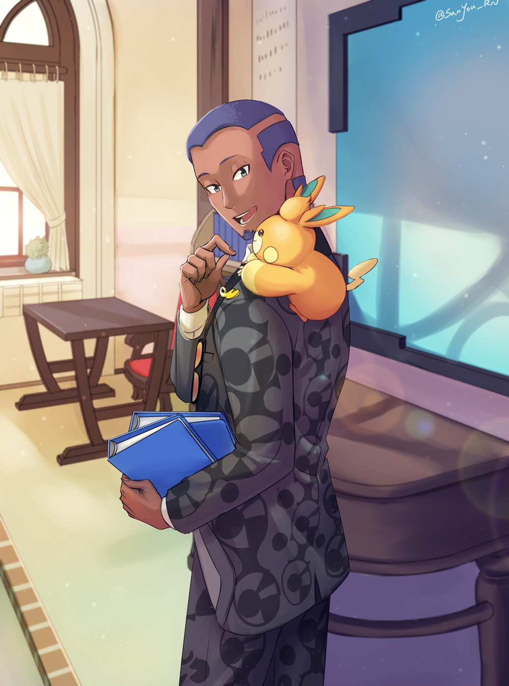 1boy :d classroom commentary_request curtains dark-skinned_male dark_skin desk facial_hair goatee hand_up highres indoors jacket long_sleeves male_focus nintendo on_shoulder open_mouth pants pawmi pokemon pokemon_(creature) pokemon_on_shoulder pokemon_sv salvatore_(pokemon) sanyou short_hair smile standing teeth tongue window