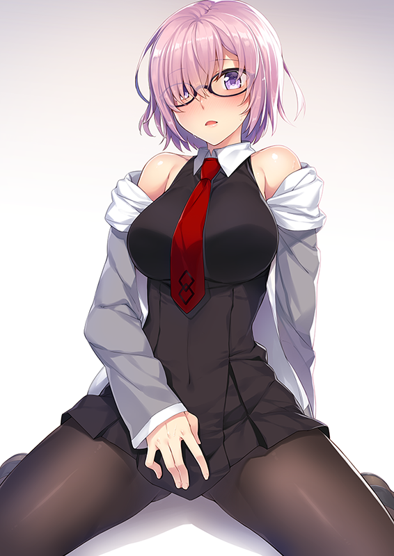 1girl black-framed_eyewear black_dress black_pantyhose blush breasts covered_navel dress fate/grand_order fate_(series) female_focus glasses hair_over_one_eye jacket large_breasts light_purple_hair long_sleeves looking_at_viewer mash_kyrielight necktie off_shoulder open_clothes open_jacket pantyhose parted_lips purple_eyes red_necktie revision short_hair sitting solo wariza yanagi_(tsukiakari)