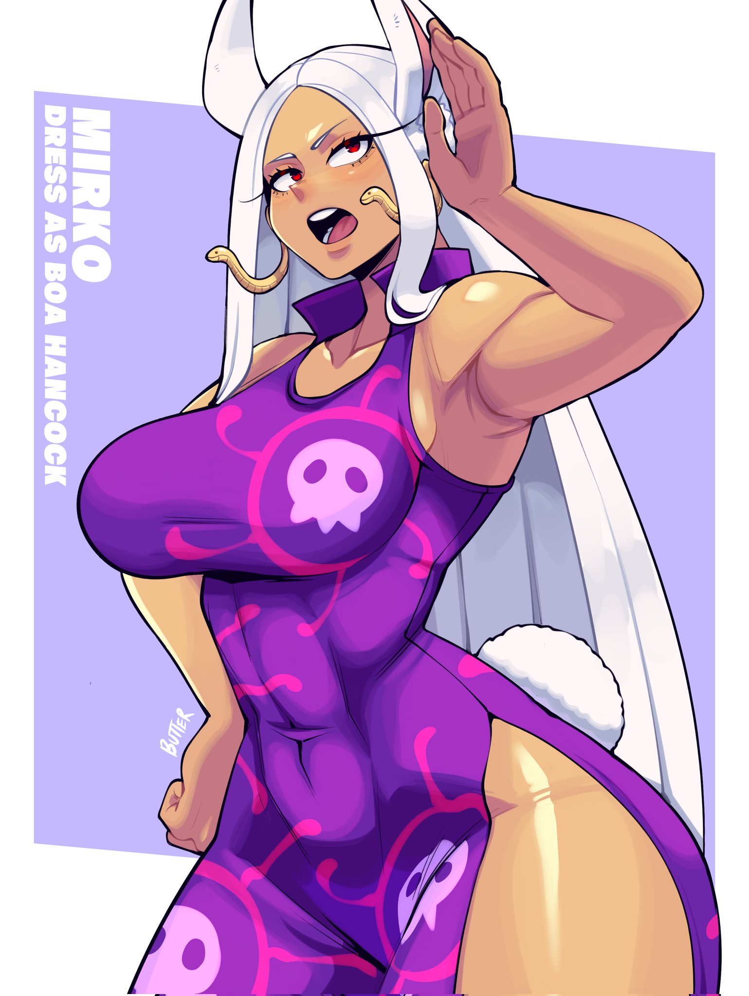1girl animal_ears boa_hancock boa_hancock_(cosplay) boku_no_hero_academia breasts butter_sugoi character_name commentary corrupted_twitter_file cosplay curvy dark-skinned_female dark_skin dress earrings hand_on_own_hip highres impossible_clothes impossible_dress jewelry large_breasts mirko one_piece open_mouth purple_dress rabbit_ears rabbit_girl rabbit_tail red_eyes side_slit snake_earrings solo tail thick_thighs thighs white_hair