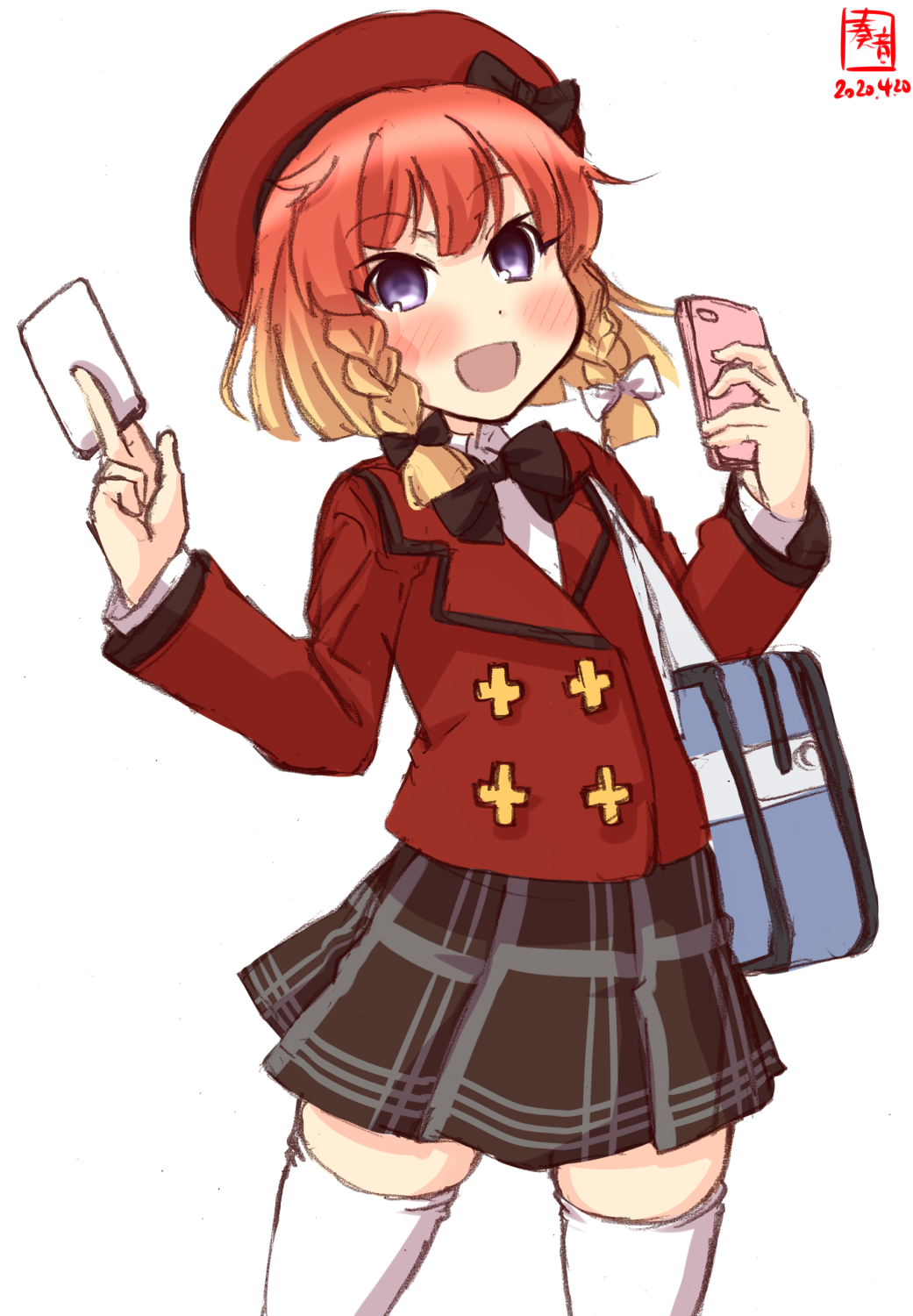 1girl artist_logo bag beret black_neckwear black_skirt blazer blonde_hair bob_cut braid buttons card cellphone commentary_request cosplay cowboy_shot dated double-breasted etorofu_(kancolle) fantasista_doll female_focus gradient_hair grey_eyes hat highres jacket kanon_(kurogane_knights) kantai_collection logo look-alike looking_at_viewer multicolored_hair phone plaid_clothes plaid_skirt pleated_skirt red_hair red_hat side_braid simple_background skirt smartphone smile solo thighhighs twin_braids uno_uzume uno_uzume_(cosplay) white_background white_thighhighs