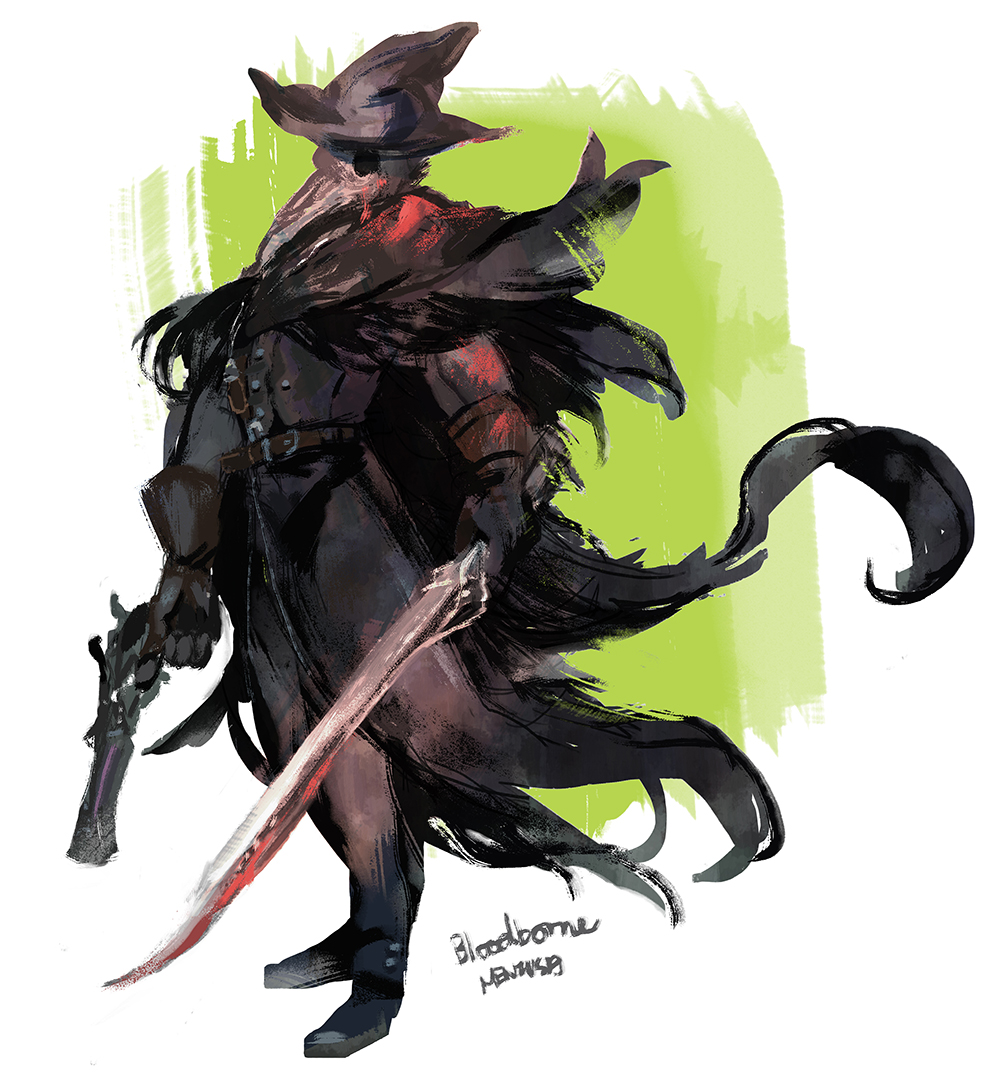 1girl black_boots black_gloves bloodborne boots cape copyright_name crowfeather_set dual_wielding eileen_the_crow feathers female_focus full_body gloves gun hat holding mask meniusa meniusa_lau plague_doctor solo standing sword weapon
