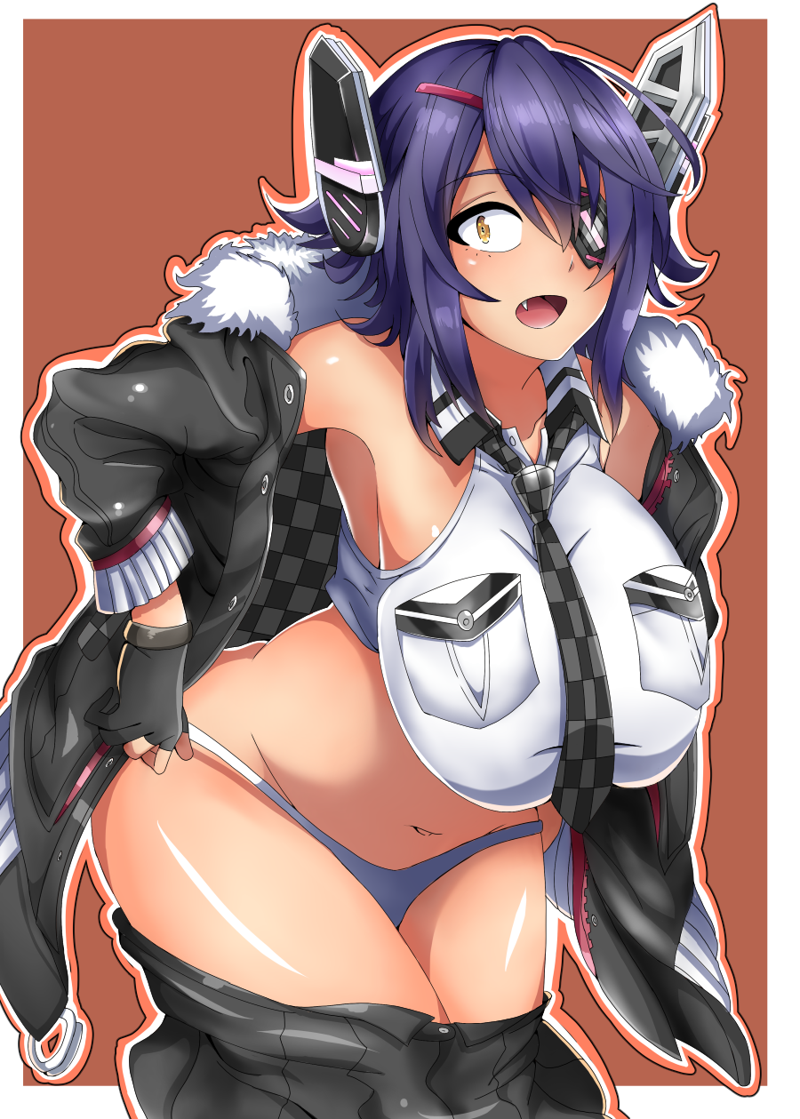 blush breasts eyepatch fang fingerless_gloves fur-trimmed_jacket fur_trim gloves hanging_breasts highres jacket kantai_collection large_breasts mechanical_ears necktie official_alternate_costume panties purple_hair senak012 surprised tenryuu_(kancolle) tenryuu_kai_ni_(kancolle) underwear undressing yellow_eyes