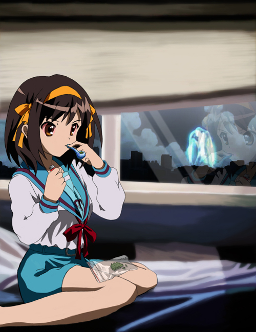 bloodshot_eyes brown_eyes brown_hair celestial_(haruhi) drugs headband lighter marijuana smoking_pipe red_eyes suzumiya_haruhi suzumiya_haruhi_no_yuuutsu third-party_edit