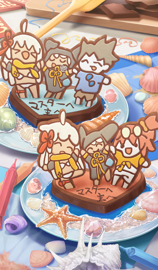 character-themed_food child&#039;s_drawing chocolate clam_shell commentary conch fate/grand_order fate_(series) food food_art food_focus fujimaru_ritsuka_(female) fujimaru_ritsuka_(female)_(tropical_summer) fujimaru_ritsuka_(male) fujimaru_ritsuka_(male)_(tropical_summer) heart heart-shaped_food inamine_youko no_humans official_art okita_souji_(fate) okita_souji_alter_(swimsuit_saber)_(fate) okita_souji_alter_(swimsuit_saber)_(first_ascension)_(fate) plate rengoku_(fate) rengoku_(first_ascension)_(fate) scallop seashell shell starfish still_life third-party_source