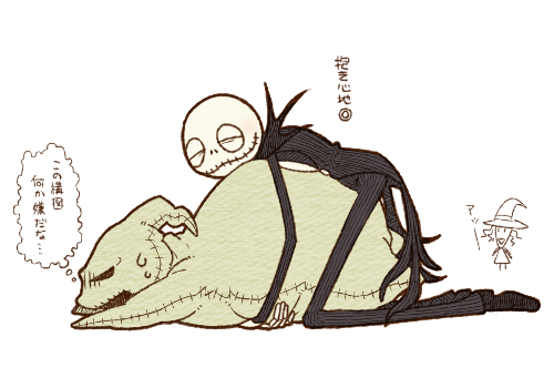 cloak closed_eyes hood hooded_cloak jack_skellington kiri_futoshi long_sleeves lowres male_focus oogie_boogie shock_(nbc) simple_background skeleton the_nightmare_before_christmas translation_request