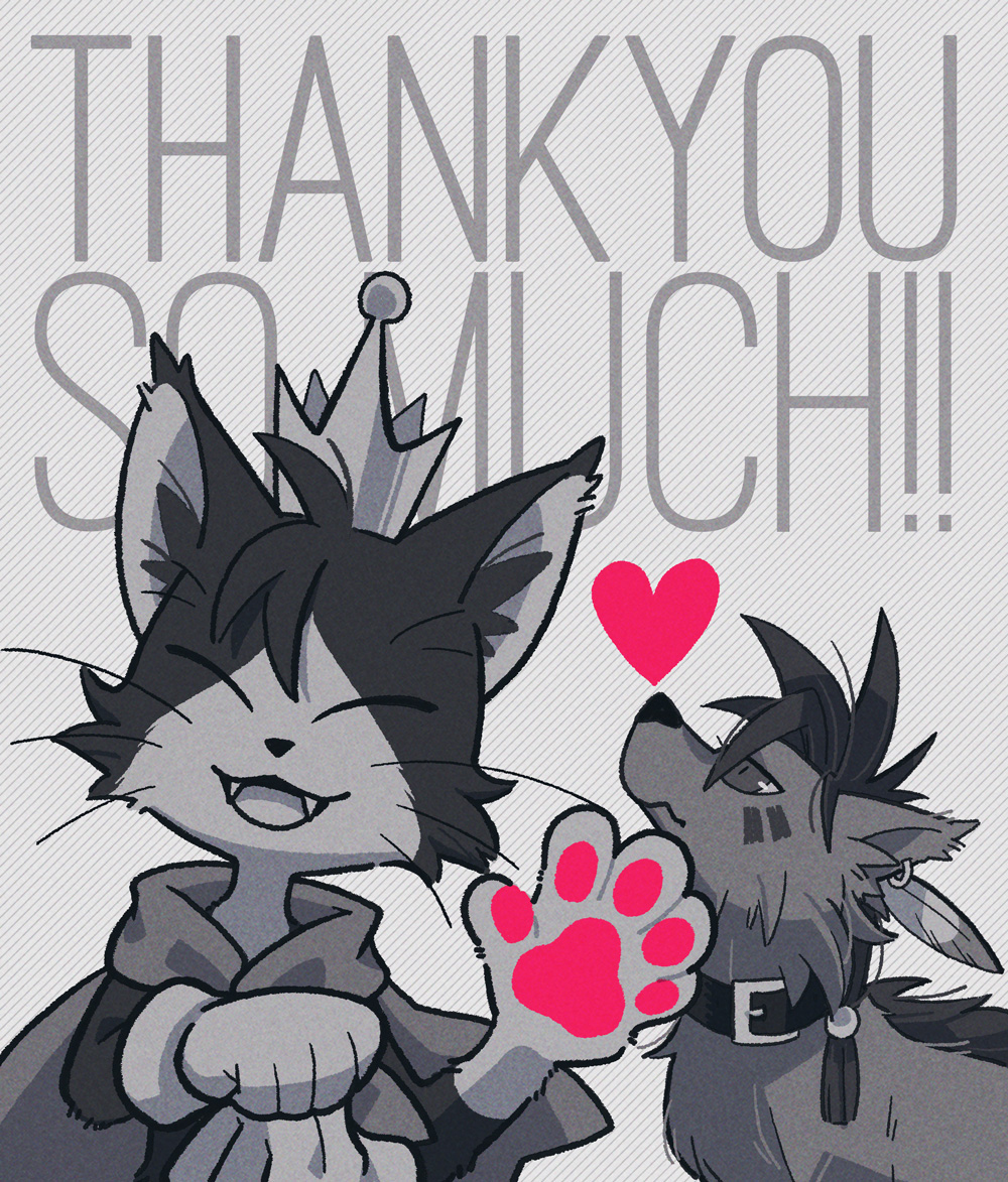 animal animal_collar beads black_fur cait_sith_(final_fantasy) cape cat closed_eyes coffinsmokes collar crown earrings facial_mark fangs feather_hair_ornament feathers final_fantasy final_fantasy_vii final_fantasy_vii_rebirth final_fantasy_vii_remake gloves hair_beads hair_ornament heart jewelry looking_up mini_crown monochrome no_humans open_mouth paw_print red_xiii sidelocks smile spot_color thank_you two-tone_fur upper_body whiskers white_fur white_gloves