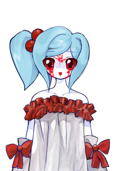 2000s_(style) blood blood_on_face bloody_handprints bloody_tears blue_hair bow colored_sclera colored_skin detached_sleeves dress faroja handprint heartlovepowertemple non-web_source rabbitmaidensoftworks red_bow red_eyes red_sclera side_ponytail sprite transparent_background variant_set white_skin yogurt200