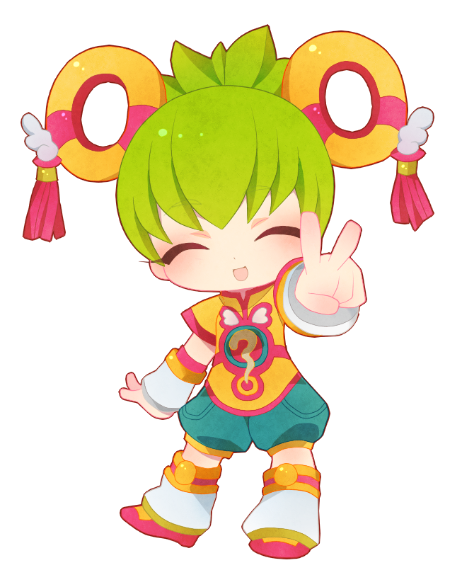 10s 1girl ^_^ chibi chinese_clothes closed_eyes detached_sleeves dragon_kid female_focus green_hair hat huang_baoling mokaroko short_hair shorts solo superhero_costume thighhighs tiger_&amp;_bunny v