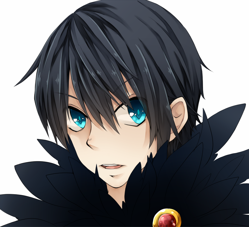 1boy black_hair blue_eyes close-up commentary_request fur_collar hair_between_eyes looking_at_viewer male_focus meiko_(nattu303) open_mouth portrait ragnarok_online simple_background solo sorcerer_(ragnarok_online) white_background