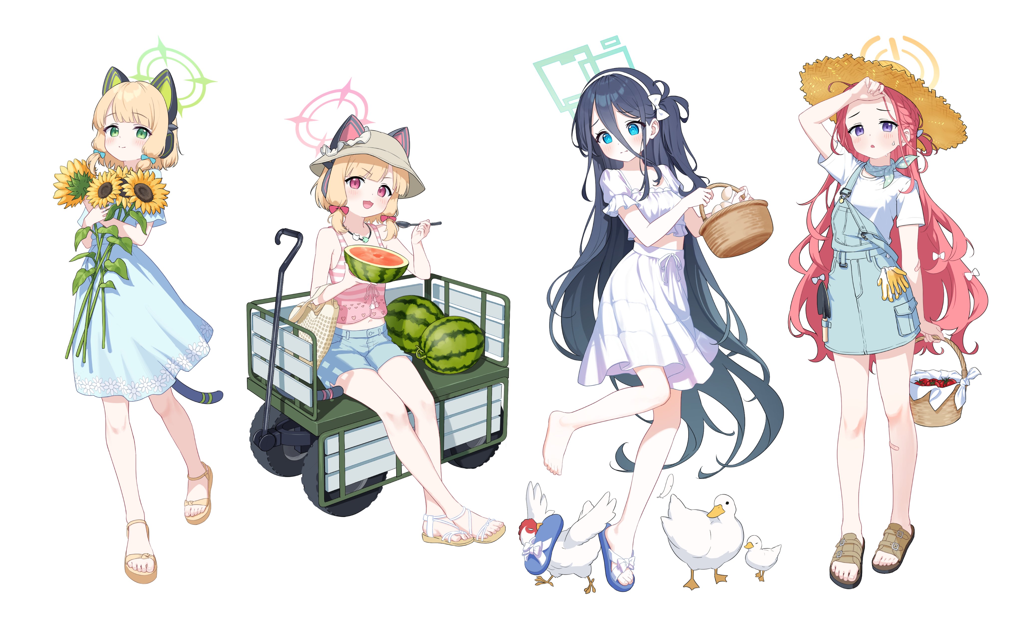 4girls absurdres alternate_costume animal_ear_headphones animal_ears aris_(blue_archive) barefoot basket bird blonde_hair blue_archive blue_bow blue_dress blue_eyes blue_sandals blue_shorts blunt_bangs blush bow breasts brown_hat cat_ear_headphones chicken closed_mouth dress egg fake_animal_ears flower food forehead fruit goose green_eyes hair_between_eyes hair_bow hairband halo hat headphones highres holding holding_basket holding_flower holding_food holding_fruit holding_spoon holding_watermelon long_hair looking_at_viewer medium_hair midori_(blue_archive) midriff momoi_(blue_archive) multiple_girls one_side_up open_mouth pink_bow pink_eyes pink_tank_top purple_eyes red_hair sandals shirt short_shorts short_sleeves shorts sidelocks sitting skirt smile spoon straw_hat sunflower supersugar sweatdrop tank_top toes tomato utility_wagon watermelon white_background white_dress white_hairband white_sandals white_shirt yellow_sandals yuzu_(blue_archive)