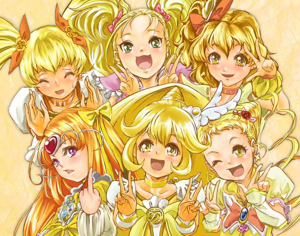 00s 10s 6+girls ;d ^_^ blonde_hair bow brooch choker circlet closed_eyes color_connection cone_hair_bun cure_lemonade cure_muse cure_muse_(yellow) cure_peace cure_pine cure_sunshine double_bun double_v drill_hair eyelashes closed_eyes fresh_precure! futari_wa_precure futari_wa_precure_max_heart goru_(cure_golgom) green_eyes hair_bun hair_flaps hair_ornament hair_ribbon happy heart heart_brooch heart_hair_ornament heartcatch_precure! jewelry kasugano_urara_(yes!_precure_5) kise_yayoi kujou_hikari long_hair middle_finger multiple_girls myoudouin_itsuki one_eye_closed open_mouth orange_hair pink_eyes precure ribbon shiny_luminous shirabe_ako short_hair smile smile_precure! suite_precure twintails v wide_ponytail wink yamabuki_inori yellow_background yellow_bow yellow_eyes yellow_theme yes!_precure_5