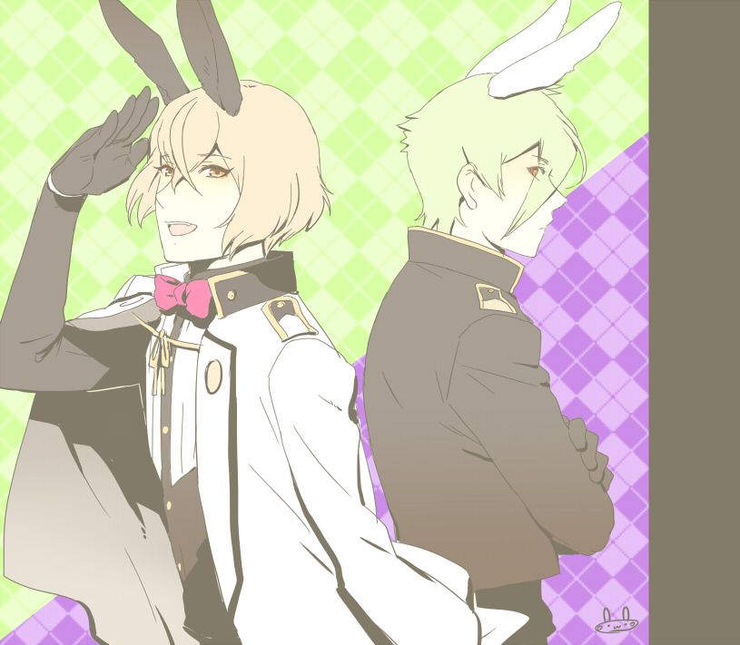 10s 2boys animal_ears argyle_background argyle_clothes black_gloves blonde_hair bow bowtie crossed_arms eyes_visible_through_hair gloves green_hair higekiri_(touken_ranbu) hizamaru_(touken_ranbu) jacket jacket_on_shoulders male_focus mizuhara_aki multiple_boys open_mouth rabbit_ears salute smile touken_ranbu yellow_eyes