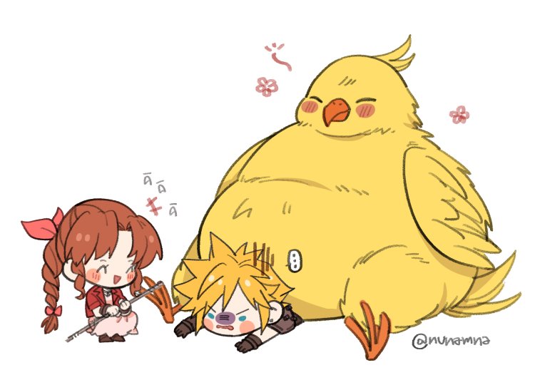 ... 1boy 1girl aerith_gainsborough armor bird blonde_hair blue_eyes blush braid braided_ponytail brown_gloves chibi chocobo closed_eyes cloud_strife dress fat_chocobo final_fantasy final_fantasy_vii final_fantasy_vii_remake gloves hair_ribbon holding holding_staff jacket long_hair lying nunamna on_stomach open_mouth parted_bangs pink_dress pink_ribbon red_jacket ribbon short_hair short_sleeves shoulder_armor sidelocks sitting sitting_on_person smile spiked_hair squatting staff twitter_username wavy_mouth white_background