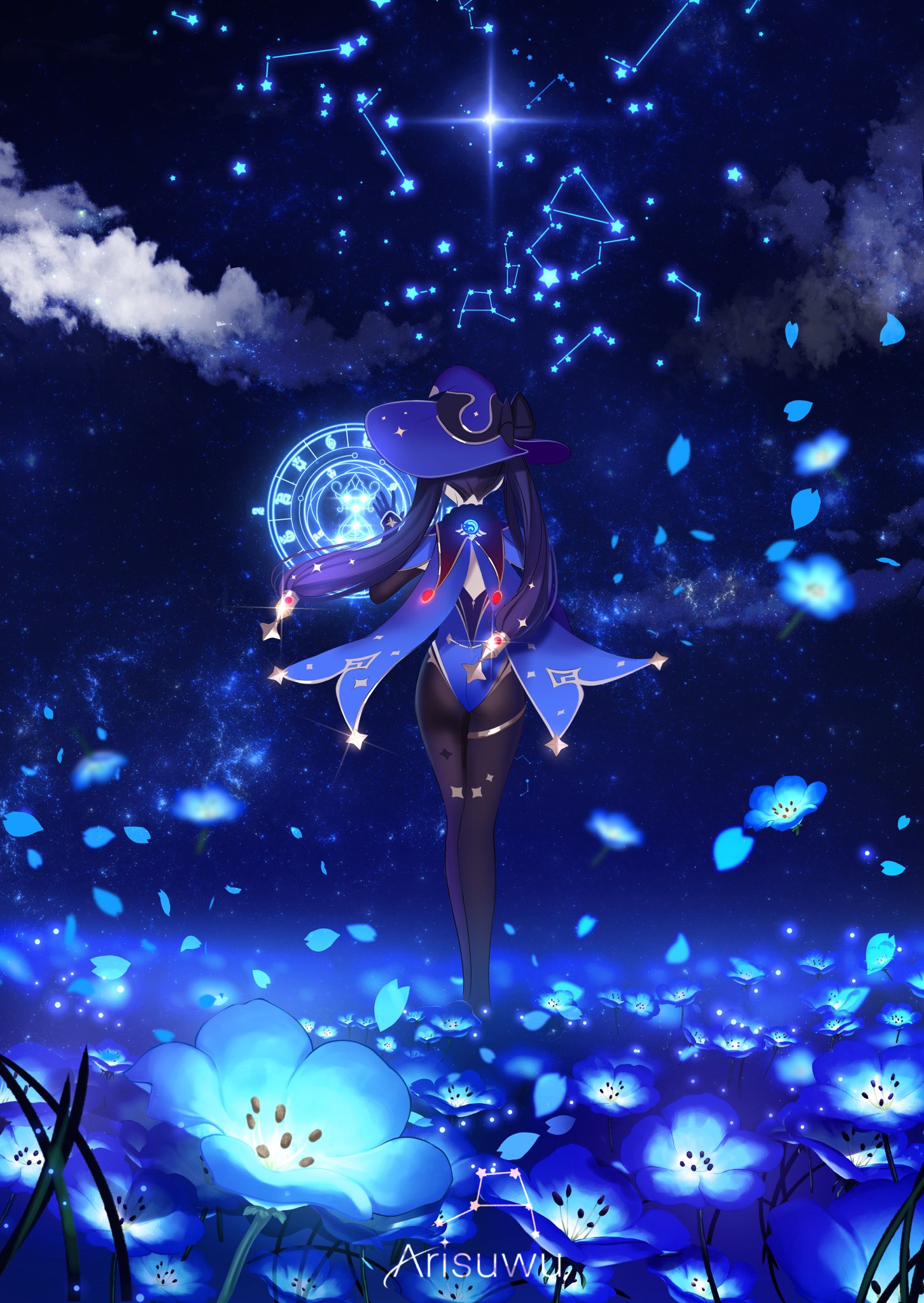 1girl 707arisu artist_name ass black_pantyhose blue_cape blue_flower blue_hat blue_leotard cape constellation constellation_request falling_petals field flower flower_field from_behind genshin_impact hashtag-only_commentary hat highleg highleg_leotard highres leotard long_hair mona_(genshin_impact) night night_sky pantyhose petals purple_hair sky solo standing star_(sky) starry_sky twintails very_long_hair vision_(genshin_impact) witch_hat