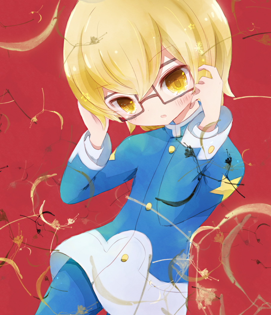 10s 1boy amano_nagare bad_id bad_pixiv_id blonde_hair blush glasses hero_bank male_focus open_mouth red_eyes short_hair solo star_(symbol) yellow_eyes yoshida_(nono_ko)
