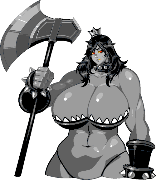 1girl 2015 abs animated animated_gif armlet armor axe bare_shoulders battle_axe bikini bikini_armor black_bikini black_gloves black_hair black_thighhighs blinking boots breasts breeding_season choker close-up colored_sclera colored_skin colored_teeth commentary cropped_torso crown erebus_(breeding_season) eyebrows_hidden_by_hair female_focus fingerless_gloves gloves grey_skin hair_over_shoulder half-closed_eyes hashtag-only_commentary huge_breasts huge_weapon jewelry lips long_hair looking_at_viewer multiple_expressions muscular muscular_female navel planted red_sclera revision s-purple sharp_teeth shiny_skin simple_background spiked_choker spikes straight_hair swept_bangs swimsuit symbol-only_commentary talking teeth thighhighs thighs transparent_background weapon yellow_sclera yellow_teeth